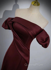 Charming Maroon Satin Mermaid Off Shoulder Evening Prom Dress, Maroon Party Dress
