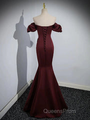 Charming Maroon Satin Mermaid Off Shoulder Evening Prom Dress, Maroon Party Dress
