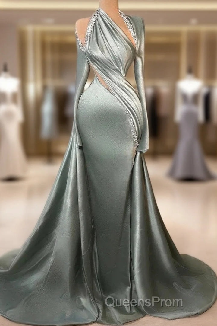 Charming Mermaid Irregular Collar Satin Rhinestone Halter Ruffled Long Evening Prom Dress Formal Evening Gown