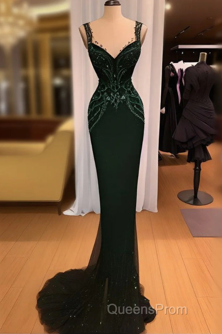 Charming Mermaid Straps Dark Green Sequin Evening Prom Dress Long Evening Prom Dress Main image