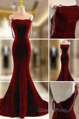 Charming Mermaid Wine Red Long Velvet Evening Dress, Wine Red Long Party Dress