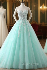 Charming Mint Green Tulle Ball Gown Sweet 16 Dress, Lace Applique Evening Prom Dress