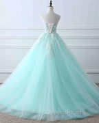 Charming Mint Green Tulle Ball Gown Sweet 16 Dress, Lace Applique Evening Prom Dress