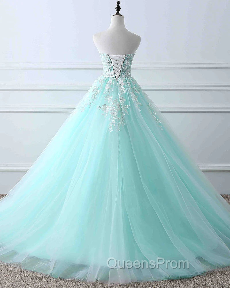 Charming Mint Green Tulle Ball Gown Sweet 16 Dress, Lace Applique Evening Prom Dress