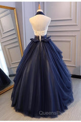 Charming Navy Blue Halter Tulle Party Dress With Flower Applique, Blue Gown