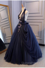 Charming Navy Blue Halter Tulle Party Dress With Flower Applique, Blue Gown