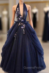 Charming Navy Blue Halter Tulle Party Dress With Flower Applique, Blue Gown
