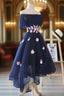 Charming Navy Blue Tulle Party Dress with Flowers, Cute Evening Prom Dress