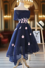 Charming Navy Blue Tulle Party Dress with Flowers, Cute Evening Prom Dress