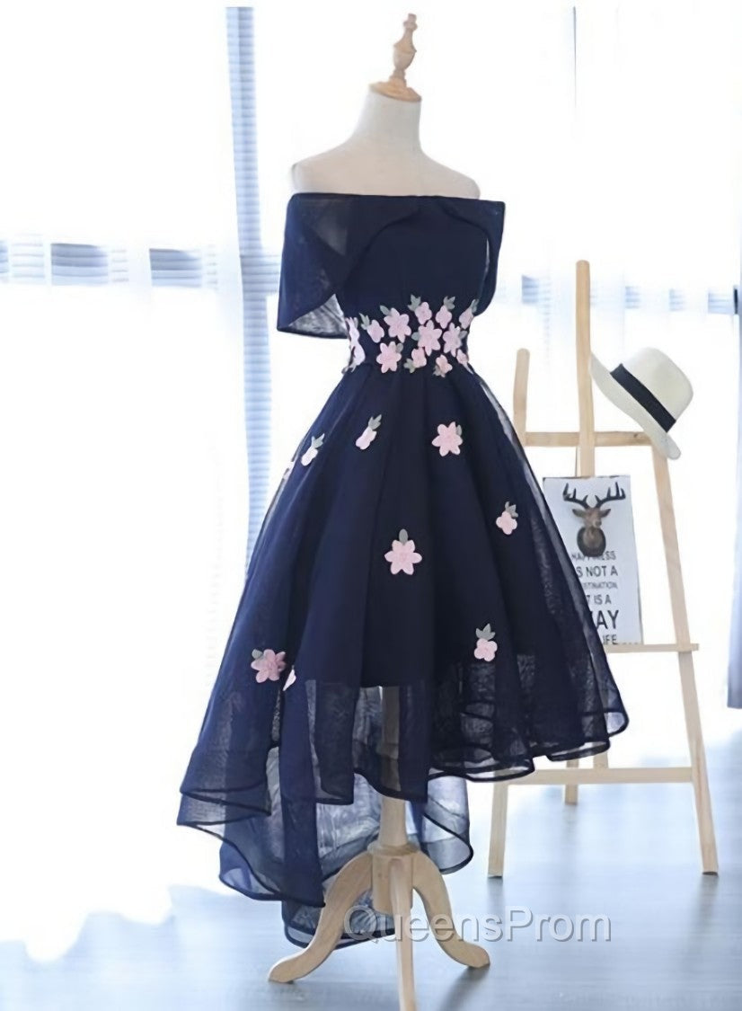 Charming Navy Blue Tulle Party Dress with Flowers, Cute Evening Prom Dress Main image