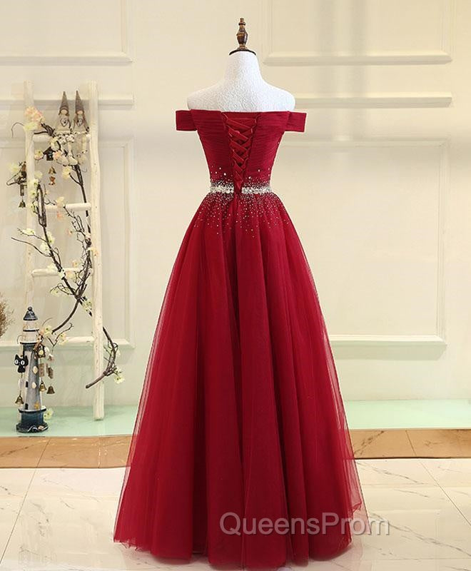Charming Off Shoulder Tulle Beaded Evening Prom Gown, Wine Red Long Junior Evening Prom Dress Secondary image