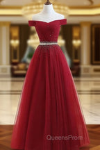 Charming Off Shoulder Tulle Beaded Evening Prom Gown, Wine Red Long Junior Evening Prom Dress