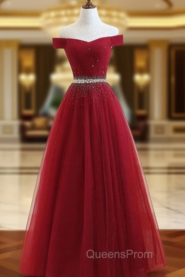 Charming Off Shoulder Tulle Beaded Evening Prom Gown, Wine Red Long Junior Evening Prom Dress