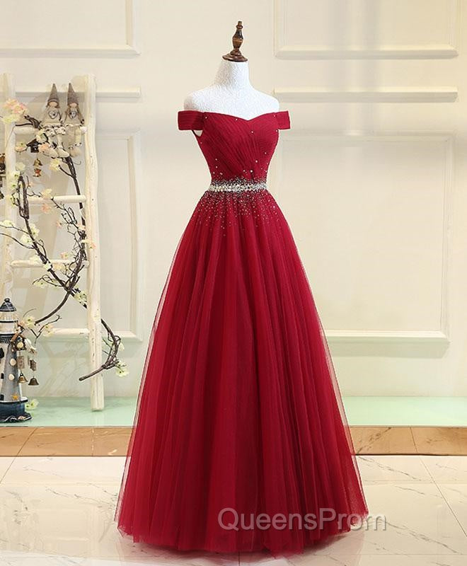 Charming Off Shoulder Tulle Beaded Evening Prom Gown, Wine Red Long Junior Evening Prom Dress