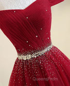 Charming Off Shoulder Tulle Beaded Evening Prom Gown, Wine Red Long Junior Evening Prom Dress