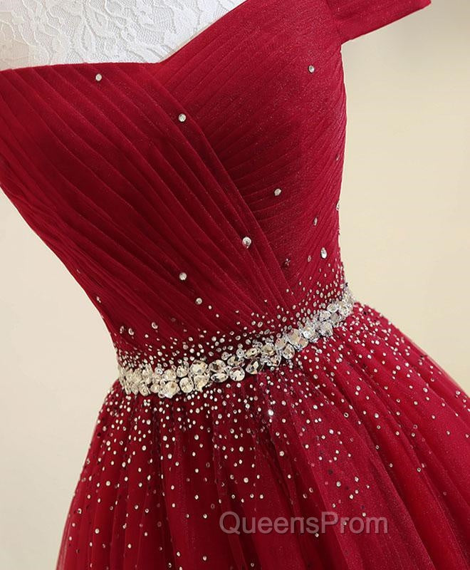 Charming Off Shoulder Tulle Beaded Evening Prom Gown, Wine Red Long Junior Evening Prom Dress