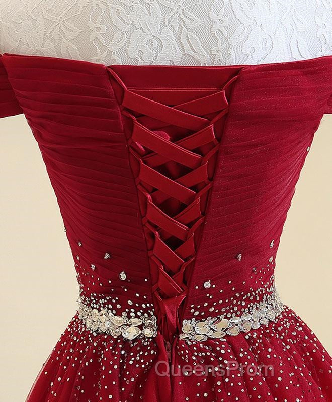 Charming Off Shoulder Tulle Beaded Evening Prom Gown, Wine Red Long Junior Evening Prom Dress