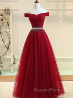 Charming Off Shoulder Tulle Beaded Evening Prom Gown, Wine Red Long Junior Evening Prom Dress