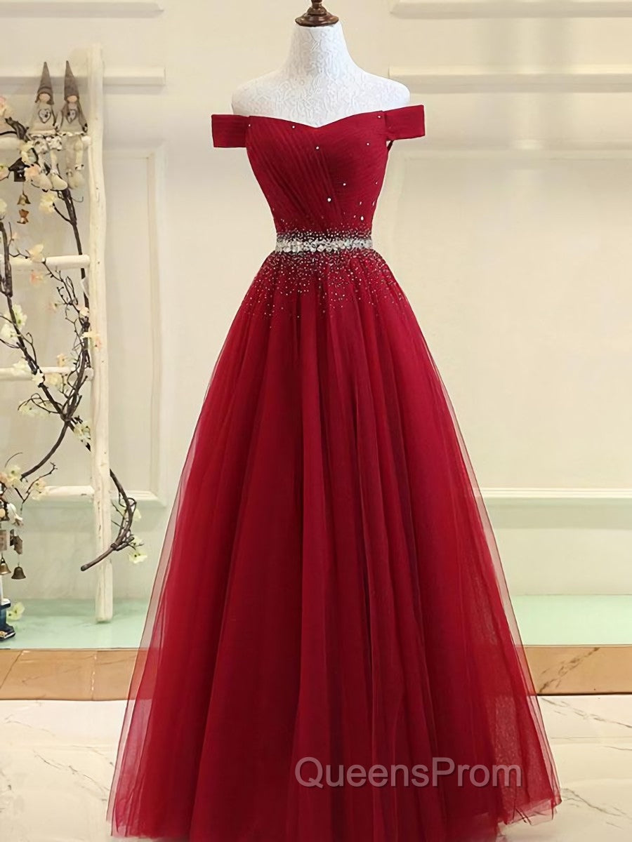 Charming Off Shoulder Tulle Beaded Evening Prom Gown, Wine Red Long Junior Evening Prom Dress