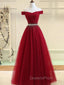 Charming Off Shoulder Tulle Beaded Evening Prom Gown, Wine Red Long Junior Evening Prom Dress