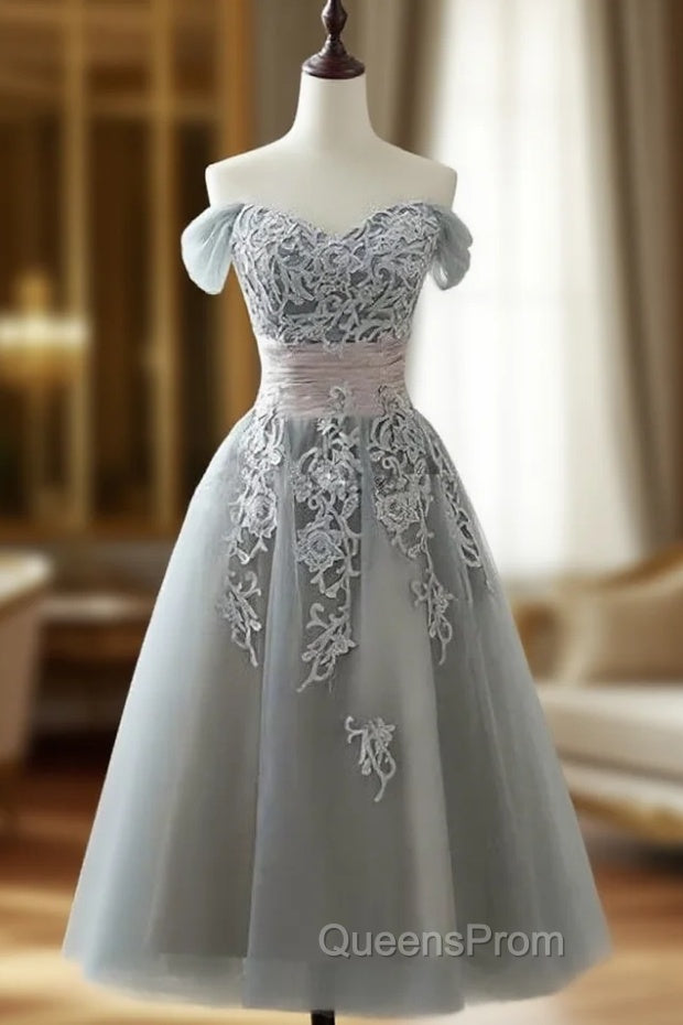 Charming Off-the-shoulder Homecoming Dress, Short A-line Tulle Gray Party Dress Main image