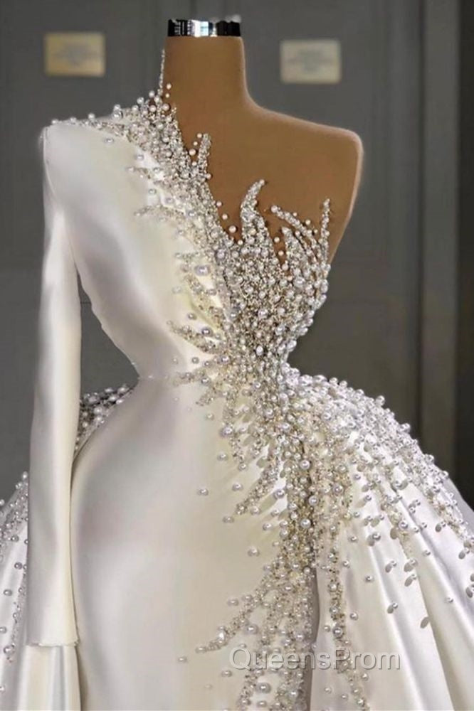 Charming One Shoulder Satin Mermaid Bridal Gowns Pearls Beading Party Gowns Secondary image