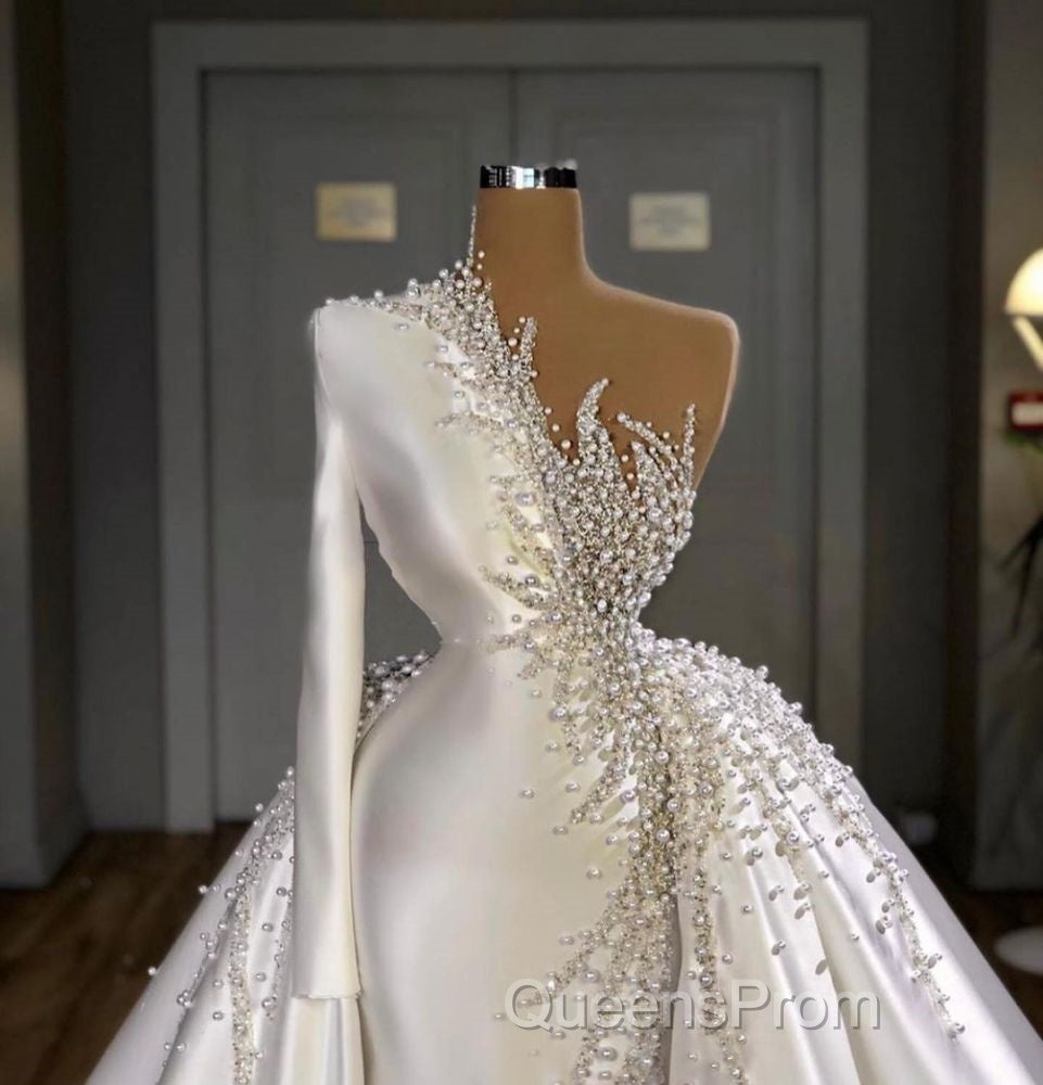 Charming One Shoulder Satin Mermaid Bridal Gowns Pearls Beading Party Gowns