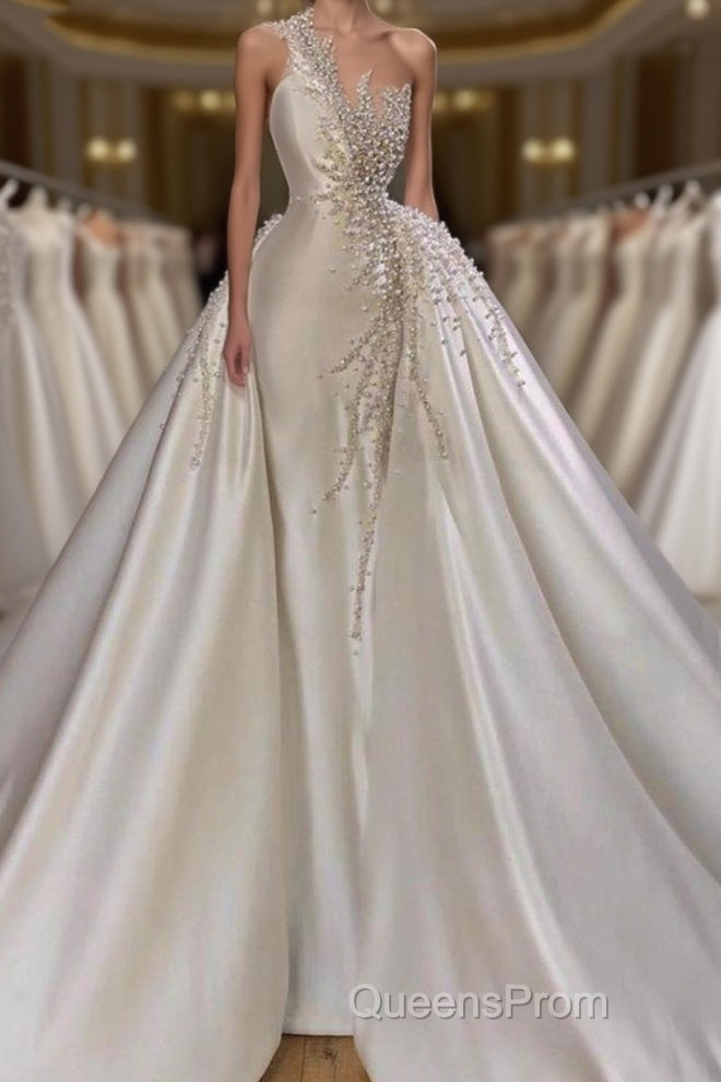 Charming One Shoulder Satin Mermaid Bridal Gowns Pearls Beading Party Gowns Main image