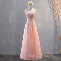 Charming Pearl Pink Tulle Simple Party Dress with Lace, V-neckline Long Evening Dress