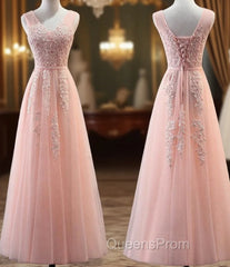 Charming Pearl Pink Tulle Simple Party Dress with Lace, V-neckline Long Evening Dress