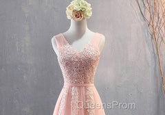Charming Pearl Pink Tulle Simple Party Dress with Lace, V-neckline Long Evening Dress