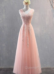 Charming Pearl Pink Tulle Simple Party Dress with Lace, V-neckline Long Evening Dress