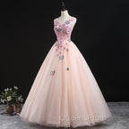 Charming Pink Flowers Ball Gown Long Sweet 16 Dress, Pink Evening Prom Dress