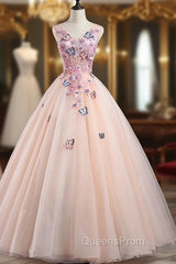 Charming Pink Flowers Ball Gown Long Sweet 16 Dress, Pink Evening Prom Dress