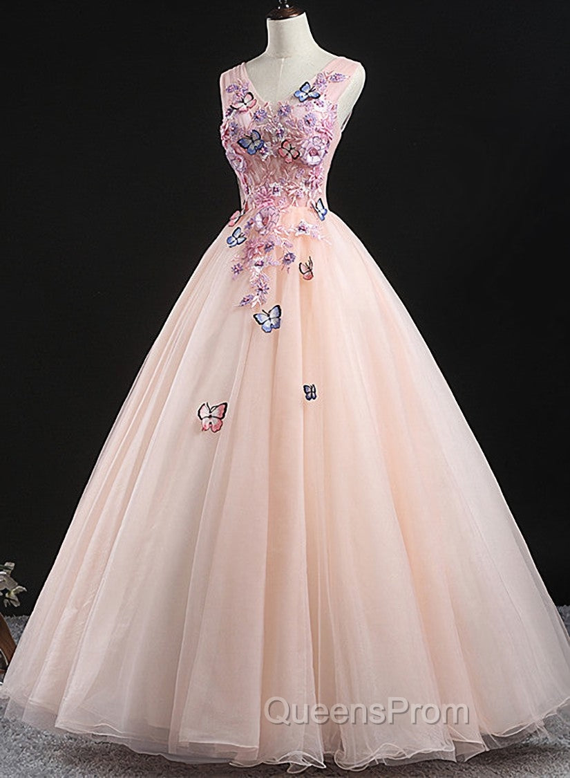 Charming Pink Flowers Ball Gown Long Sweet 16 Dress, Pink Evening Prom Dress Main image