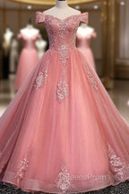 Charming Pink Off Shoulder Lace Applique Sweetheart Party Dress, Pink Evening Prom Dress