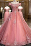 Charming Pink Off Shoulder Lace Applique Sweetheart Party Dress, Pink Evening Prom Dress
