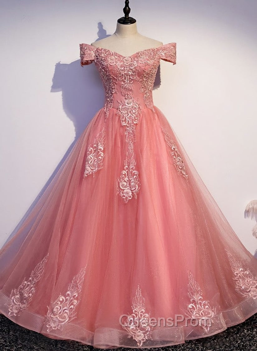 Charming Pink Off Shoulder Lace Applique Sweetheart Party Dress, Pink Evening Prom Dress Main image
