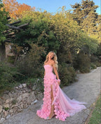 Charming Pink Strapless High Slit Flower Classy Prom Dress