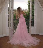 Charming Pink Strapless High Slit Flower Classy Prom Dress