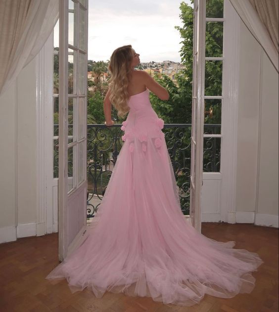 Charming Pink Strapless High Slit Flower Classy Prom Dress