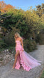 Charming Pink Strapless High Slit Flower Classy Prom Dress