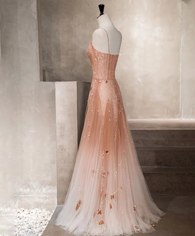 Charming Pink Tulle Straps Long Beaded Classy Evening Gown, Straps Long Party Dress