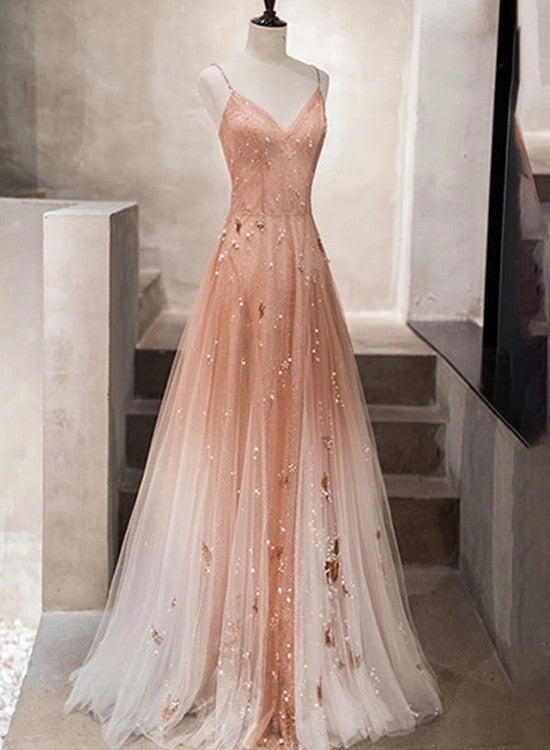 Charming Pink Tulle Straps Long Beaded Classy Evening Gown, Straps Long Party Dress