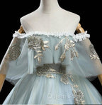 Charming Princess Light Green Tulle with Lace Flowers Evening Prom Dress, Light Green Party Dress