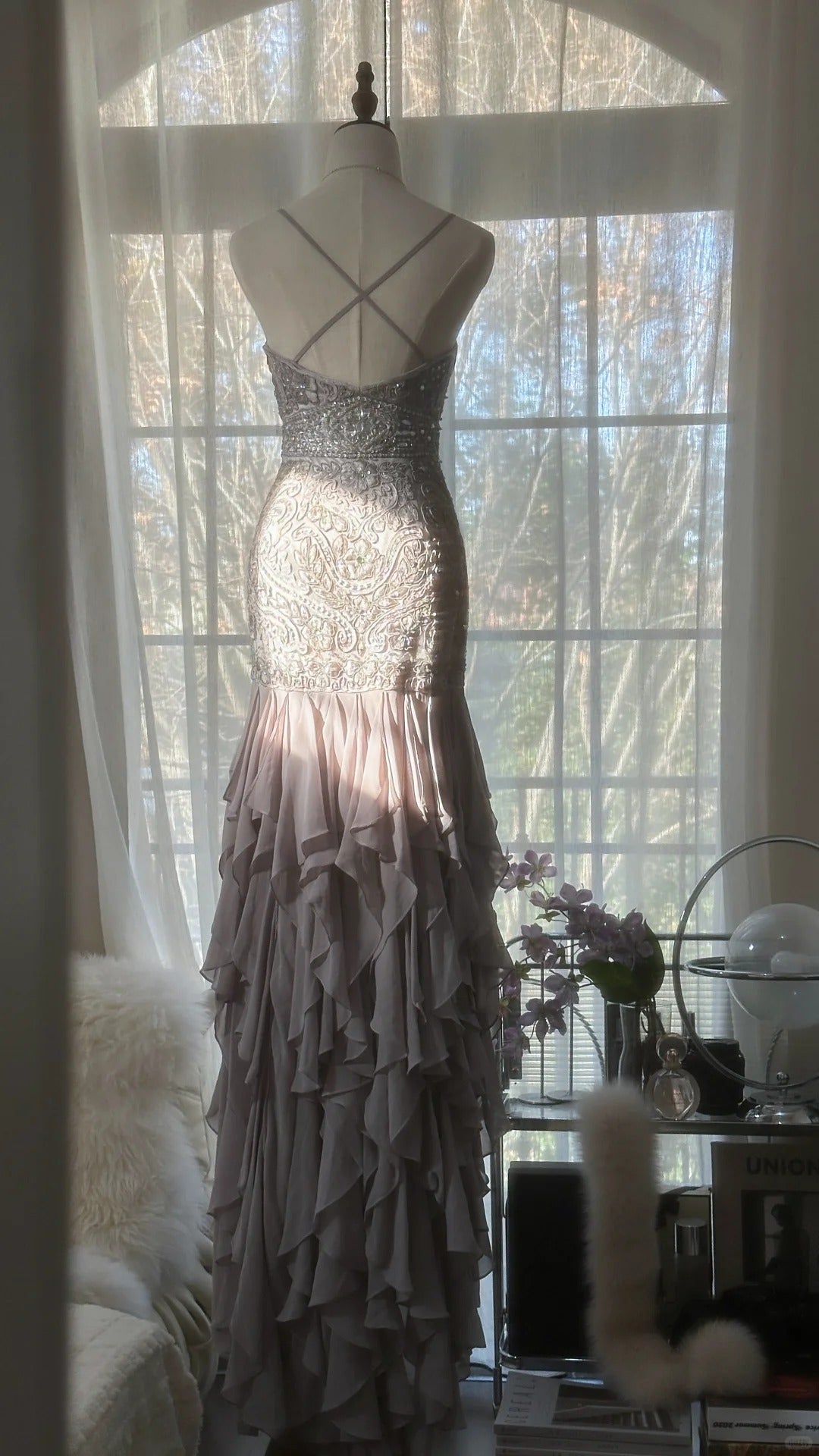 Charming Purple Beaded Short Front And Long Back Ruffled Chiffon Skirt Prom Dress