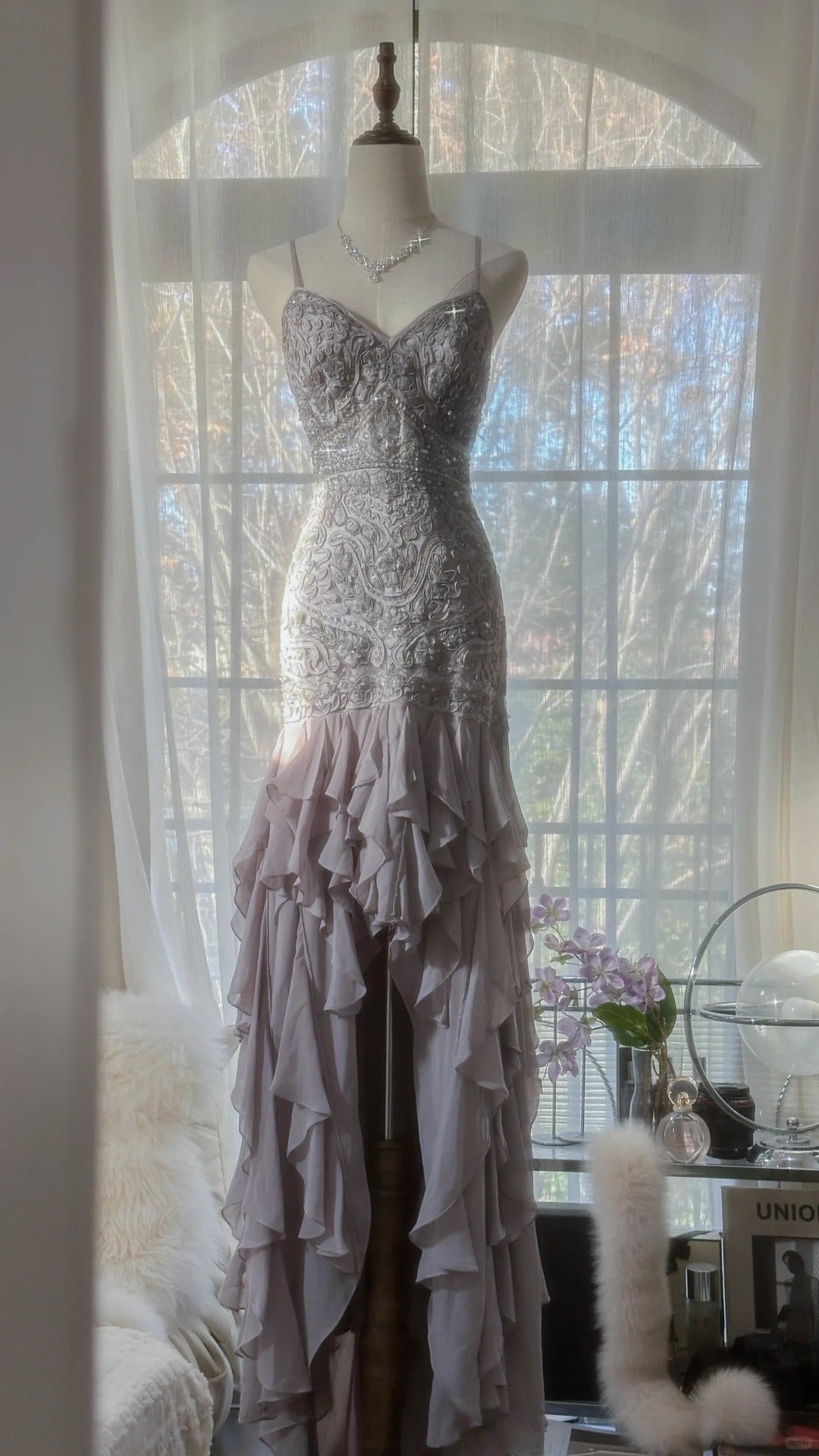 Charming Purple Beaded Short Front And Long Back Ruffled Chiffon Skirt Prom Dress Main image