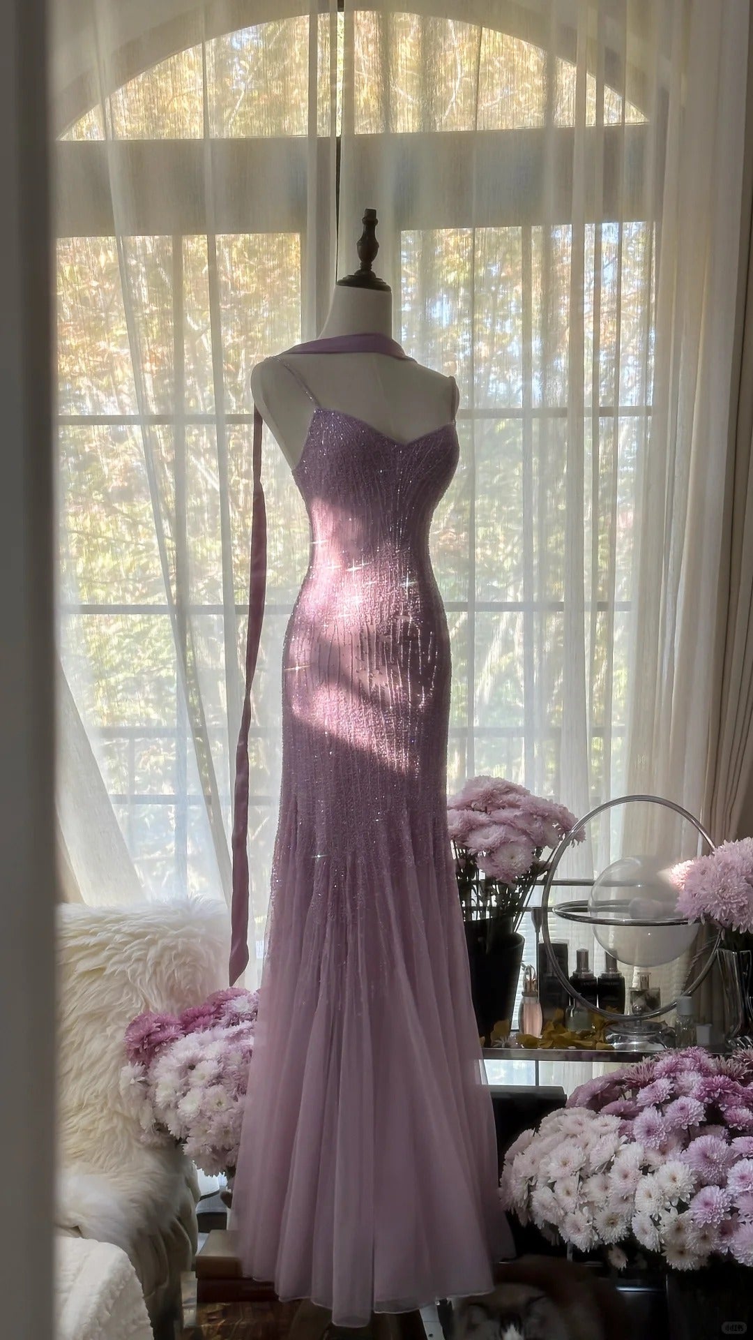 Charming Purple Chiffon Beaded Mermaid Long Classy Prom Dress