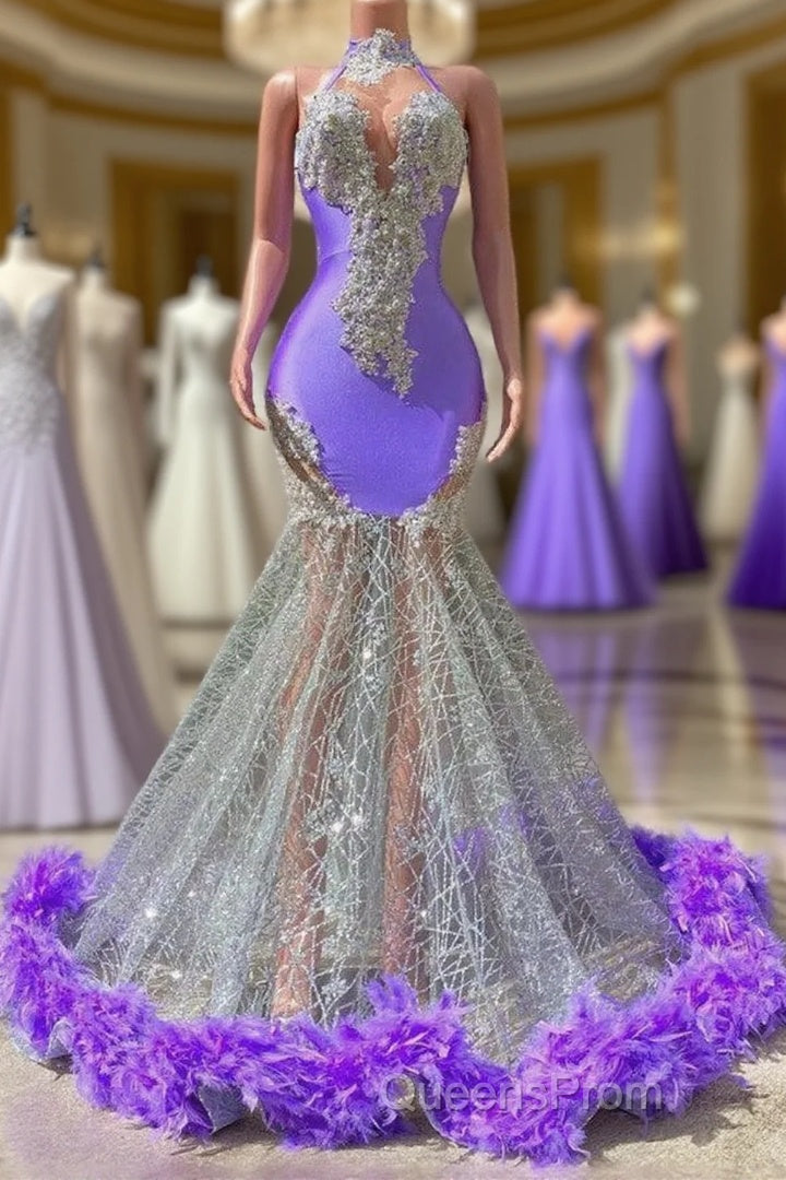 Charming Purple Long Mermaid Halter Satin Tulle Evening Prom Dress Main image