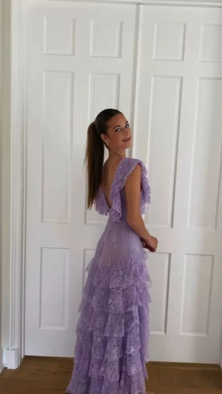Lilac Long Classy Prom Dress Layed Lace Classy Evening Dress Main image